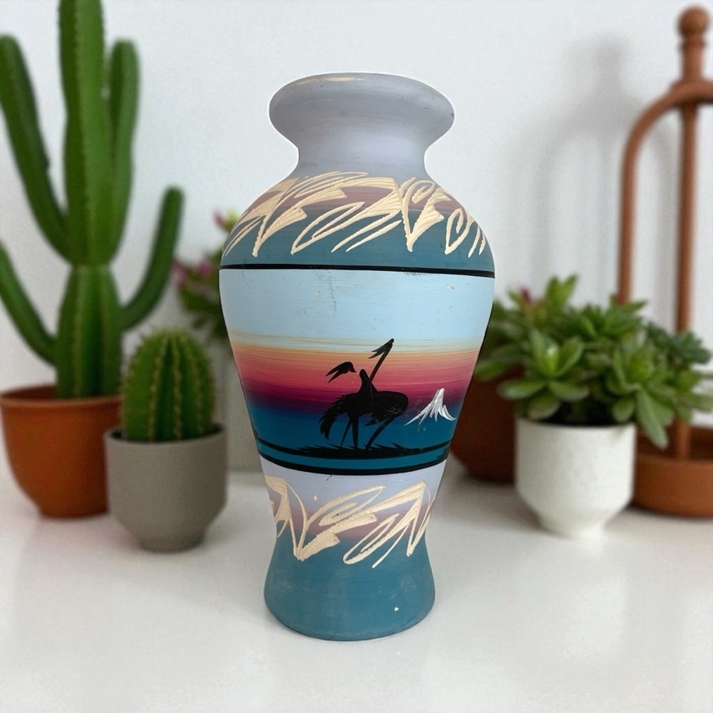 Vintage Navajo vase, pastel painted with etched,signed, no chips or cracks